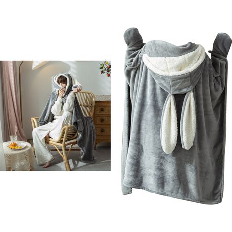 Cape à oreilles de lapin style coréen, couverture climatisée en polaire agneau style parent-enfant, couverture pour canapé, cape à capuche confortable à la maison, gris foncé grande taille (1/5)