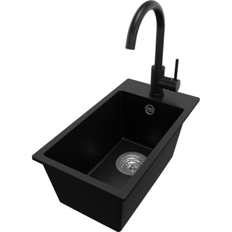 PRIMAGRAN Evier Cuisine en Granit 28x50cm, Lavabo 1 bac + Robinet 32x20cm + Kit de Vidage, Évier à Encastrer au meuble 30cm - Riga, Noir (1/5)