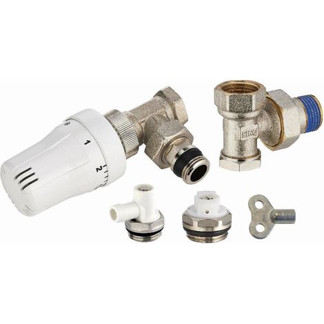 Thermostatischer Heizkörper-Komplettsatz bestehend aus 1 thermostatischem Eckventil mit Außengewinde M1/2' (15x21) + Einstellbogen mit Außengewinde M1/2' + 1 Ablassventil mit schwenkbarem Auslauf M1/2 (1/2)