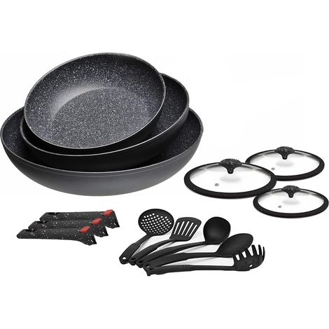 Set Padelle 28-24-20cm Per Induzione Con Coperchi, 5 Mestoli E Manici Removibili