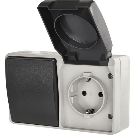 EMOS Interruttore e presa con contatto di protezione, combinazione presa Schuko e interruttore singolo per montaggio a parete, IP44 per ambienti umidi ed esterni, colore: nero/grigio (1/5)