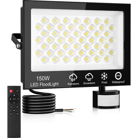 Projecteur LED Extérieur avec Détecteur et Télécommande 150W,6500K Blanc Froid Spot LED Extérieur,15000LM Eclairage Exterieur avec Detecteur,IP66 Étanche Projecteur Exterieur pour Jardin Garage