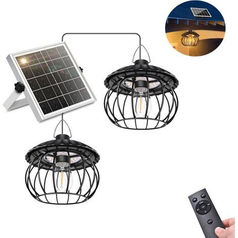 Suspension solaire à double tête, lanterne, étanche, minuterie, avec télécommande, adaptée aux cours et pergolas (lumière blanche). (1/5)