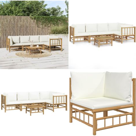Set de muebles de jardín 6 piezas bambú y cojines blanco crema - Muebles de exterior - Sofás de jardín