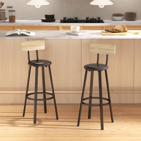 Juego de 2 Taburetes Altos de Cocina con Respaldo y Reposapiés Tapizados de PU Asiento de 75,5 cm Natural y Negro (1/5)