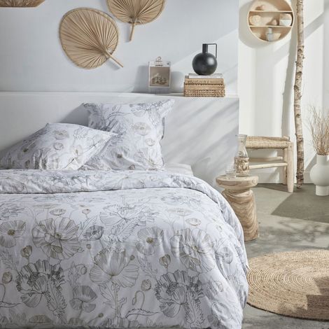 Parure de lit 3 pièces 240x220 cm coton imprimé floral blanc et gris