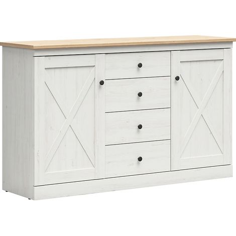 Buffet commode 2 portes et 4 tiroirs coloris Pin andersen blanchi/chêne artisan - Longueur 153 x Profondeur 43,5 x Hauteur 93 cm (1/5)