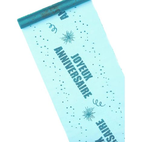 Chemin de table en organza turquoise « Joyeux anniversaire » 29 cm x 5 m