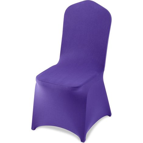 50 housses de chaise violettes extensibles en polyester pour mariages, fêtes et banquets, adaptées aux chaises jusqu'à 51x45x95 cm. (1/5)