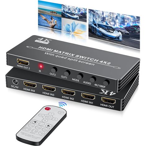 Matrice HDMI 4 Entrées 2 Sorties Commutateur Matriciel HDMI 4K Quad Multiviewer Switch 4x2 Matrix Switch Splitter 4K 30Hz HDCP 1.4/1.3 Contrôle IR 9 Modes pour TV Jeux Projecteur (1/5)