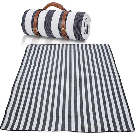 TolleTour Picknickdecke Wasserdicht 200x200 cm XXL Outdoor Campingdecke Faltbar mit Tragegriff Blau-Weiß Streifen