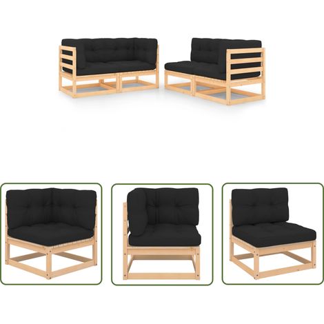 The Living Store 4-tlg. Garten-Lounge-Set mit Kissen Massivholz Kiefer - Gartensofa - Lounge Möbel - Gartenmöbel Set - Rattan Gartenmöbel - Outdoor Möbel (1/5)