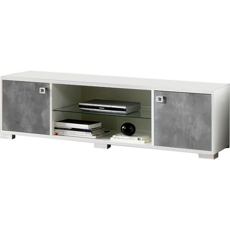 Meuble TV moderne gris béton et blanc brillant Sting 160cm (1/4)