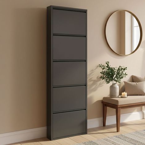 Dmora - Schuhschrank Isidro, Schuhregal, Mehrzweck-Eingangsgarderobe, Möbel für Schuhe, 50x15h172 cm, Schwarz, mit verstärkter Verpackung (1/5)