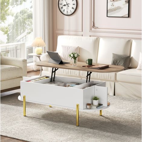 Table basse relevable 120x50x43 cm blanc en MDF avec plateau effet bois naturel, rangement caché et pieds dorés (1/5)