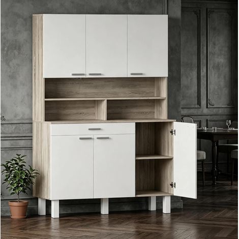 Buffet de cuisine haut avec 6 portes, tiroir et étagères ouvertes, 120x40x175 cm, blanc et effet bois naturel (1/5)