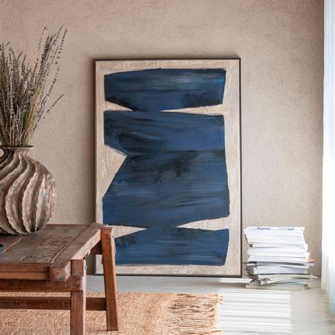 Toile murale abstraite 82,5x122,5 cm bleu nuit, noir et beige (1/5)