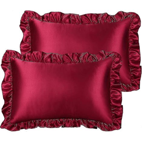 Ensemble de 2 taies d'oreiller à volants de luxe, housse d'oreiller rétro en satin soyeux avec volant, taies d'oreiller en satin 85 g/m² avec fermeture enveloppe, tailles standard et queen, couleur bo (1/5)