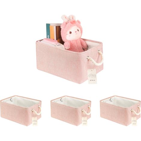 Lot de 4 paniers de rangement en tissu avec poignées - Pliables - Grandes boîtes de rangement roses - Pour bureau et maison - Livre, vêtements, jouets (rose, grand) (1/5)