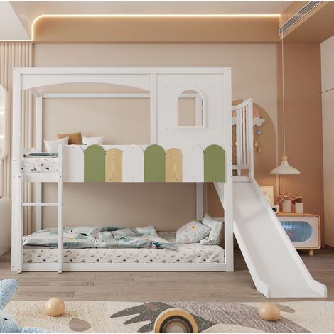 Lit adulte mezzanine 90x200 bois blanc avec toboggan HAVRYA (1/5)