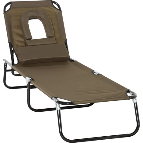 Bain de Soleil Chaise Longue Pliante avec appuie-tête, Trou de Lecture, transat inclinable 4 Positions en Oxford 600D, transat Jardin extérieur Camping Piscine terrasse, 190x56x28cm, Marron