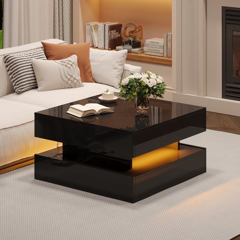 Table basse design noir 65x65x38,5 cm, relevable avec LED et 2 tiroirs, rangement intégré pour salon moderne (1/5)