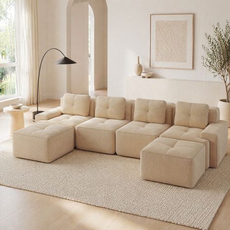 Divano modulare 4 posti 74 cm in beige in corduroy, con design basso e senza montaggio (1/5)