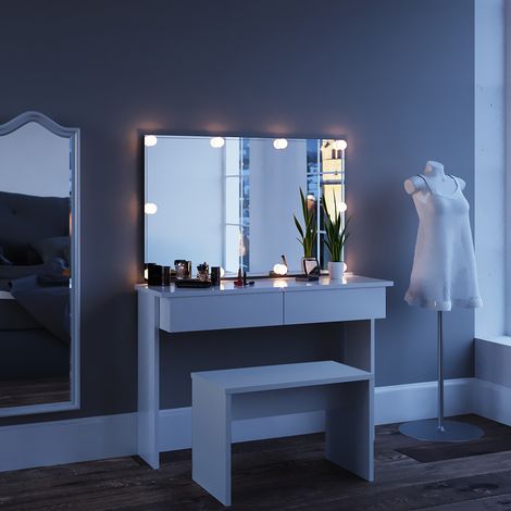 Schminktisch Azur, Weiß, 120 cm mit LED Beleuchtung und Bank, Vicco