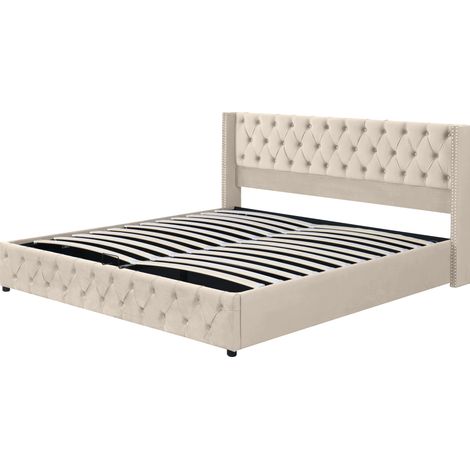 Lit coffre capitonné beige 180 x 200 cm avec sommier à lattes et relevage hydraulique (1/5)