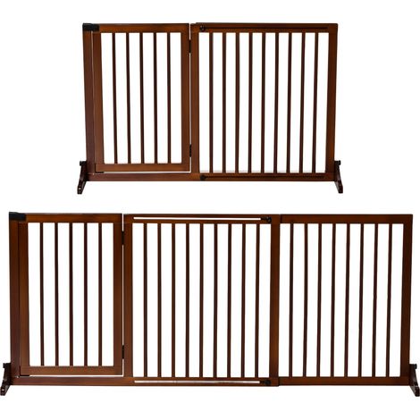 PawHut Absperrgitter Hund Freistehendes Verstellbares Schutzgitter mit Füßen 113-166 x 71 cm Holz Hundegitter Türschutzgitter Hundeabsperrgitter für Treppen, Türen, Küche, Flur, 3 Paneelen, Braun (1/5)