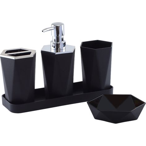 Set Accessoires Salle De Bains - Distributeur Savon - Gobelet Brosse À Dents - Plat À Savon - Plateau Organisation - 5 Pièces (1/5)