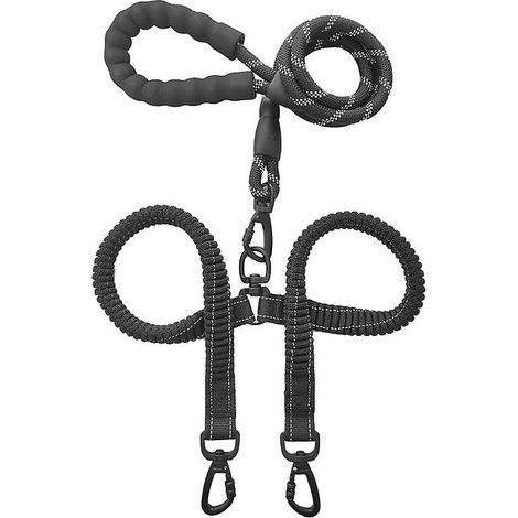 Double Dog Leash, 360° Swivel Tangle Free Walking Leash, Shock Absorbing Bungee, Black, (25-150 lbs)