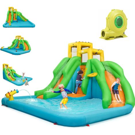 COSTWAY 5 en 1 Château Gonflable Enfants avec Toboggan Double, Parc Aquatique Gonflable avec Mur d'Escalade, Panier, Piscine, Canon à Eau, Charge 159kg pour 3 Enfants de 3-10 Ans (avec souffleur 680W) (1/5)