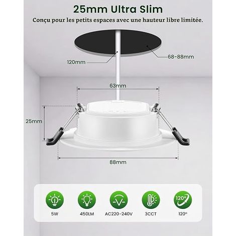 LED Recessed Spotlight Warm White 3000K, 5W Recessed Ceiling Spotlights for Bathroom, Kitchen, Living Room – Hole Diameter 68-80 mm (1/4)