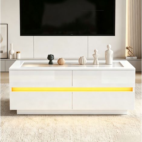 Table basse 100x50x40 cm blanche en panneau de particules et verre trempé avec 4 tiroirs, LED et finition brillante (1/5)
