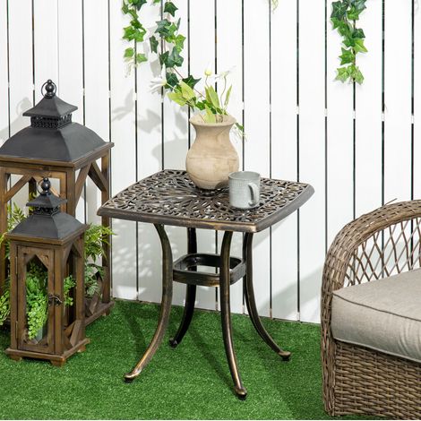 Tavolino da giardino 54x54x52.5 cm bronzo in alluminio con foro per ombrellone e piedini regolabili (1/5)