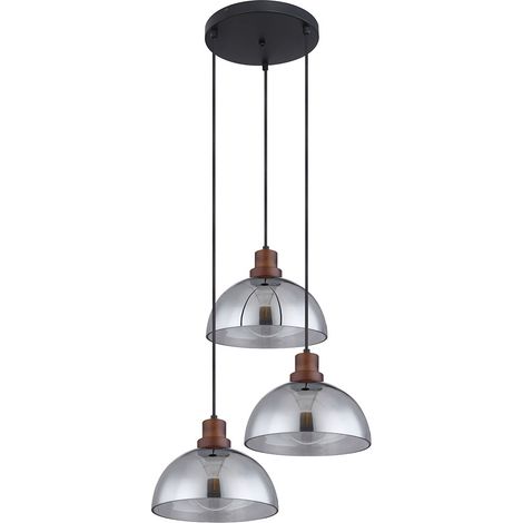 Hängelampe Holzlampe 3 flammig Glasschirm Pendelleuchte Hängeleuchte Wohnzimmerlampe, Metall Glas, schwarz braun, 3x E27 Fassungen, DxH 47x120 cm