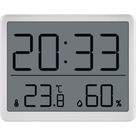 Thermomètre d'ambiance numérique et hygromètre avec horloge à poser/suspendre/support magnétique - Écran LCD avec affichage des valeurs minimales et maximales, date, réveil - Batterie incluse - (1/5)