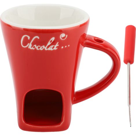 Taza de cerámica roja para fondue de chocolate, calentador de mantequilla y accesorios para derretir chocolate con un tenedor. (1/5)