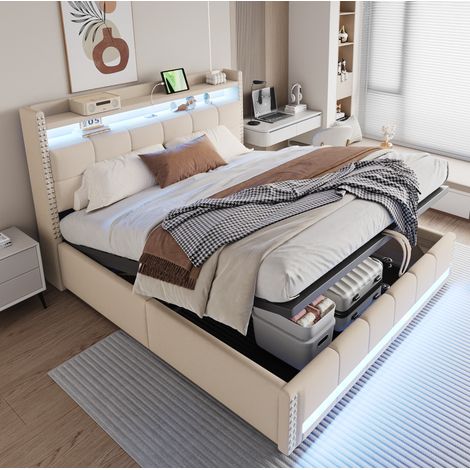 MEUBLIV Polsterbett 180x200 cm Beige – mit LED, Stauraum und USB, ohne Matratze (1/5)