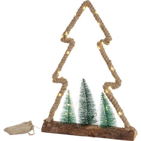 ECD Germany LED Jute Baum mit LED-Beleuchtung 35x6,5x45 cm, Deko Weihnachtsbaum aus Seil mit 45 warmweißen LEDs, 3 Tannen, Jutesäckchen, batteriebetrieben, Timer, Tannenbaum Figur Weihnachtsdeko Innen