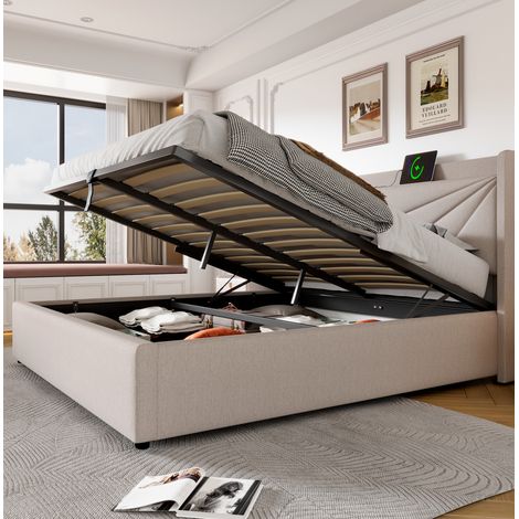 Cama doble moderna de lino beige 180x200 cm con cabecero geométrico, USB/Type-C, arcón y somier de láminas