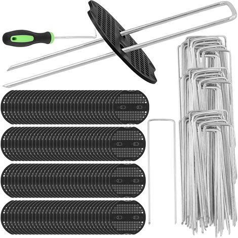 Lot de 200 piquets d'ancrage et Disque Tampon, avec 1 ancrage de Fixation Anti-Rouille, Clous de Retrait en Forme de U, piquets de Jardin pour Gazon Artificiel, Tente extérieure, Camping (1/5)