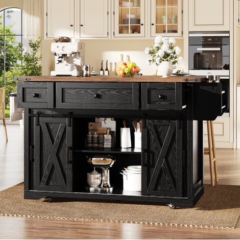 Carro isla de cocina 120.2x45.3/75x91.5 cm negro en MDF con encimera extensible, toma eléctrica y ruedas (1/5)
