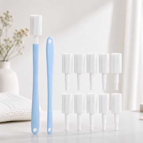 Set de brosses de toilette jetables, 2 poignées avec 10 têtes de rechange, Brosse pour coins de salle de bains pour toilette et lavabo (1/5)