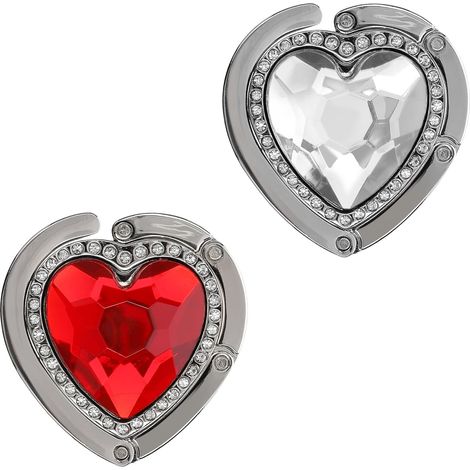 2 Stück Handtaschenhaken - Faltbarer Taschenhalter aus Metall - Taschenhalter für Tisch oder Schreibtisch - Zum Aufhängen von Handtaschen und kleinen Gegenständen - Rot-Silber-Herzen