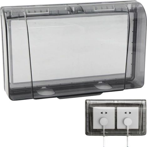 Cache prise étanche 2 postes transparent pour extérieur - couvercle mural adhésif 20,2×12,1×4 cm (1/5)