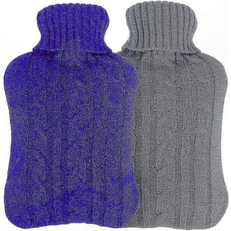 Bouillotte 2L avec housse tricotée douce, poche thermoplastique étanche anti-fuite, chaleur apaisante pour détente et confort (Bleu) (1/5)