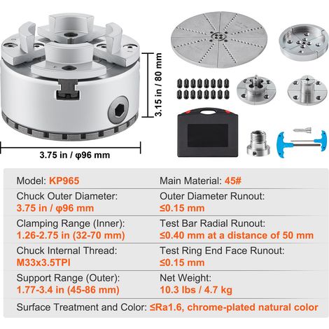 Mophorn KP965 4-Backen-Drehfutter, 3,75 Zoll Durchmesser, Metalldrehzubehör mit 5 Backensätzen, selbstzentrierendes Präzisionswerkzeug für Bearbeitungs-, Schleif- und Fräsmaschinen