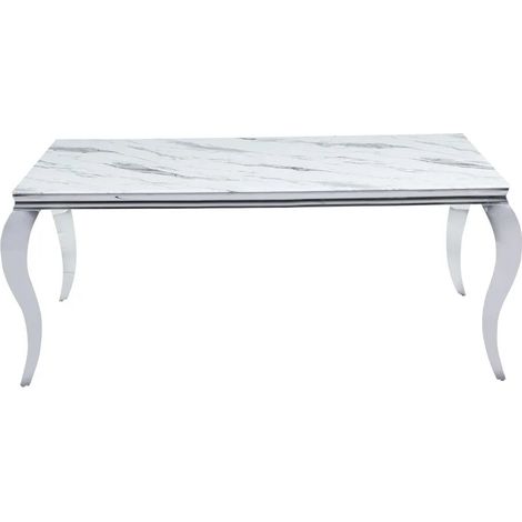 Table à manger BAROQUE 4 à 6 couverts pieds chrome plateau en verre 150x90 cm effet marbré blanc